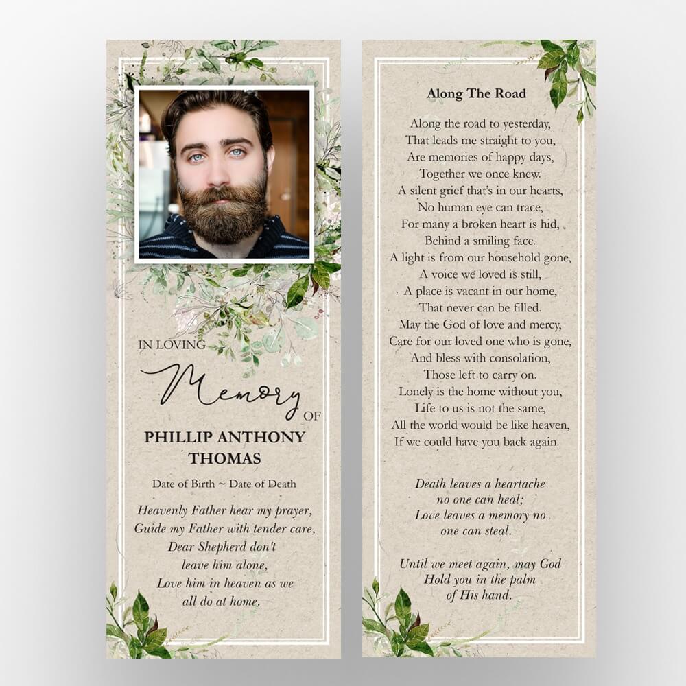 Funeral Bookmark Template Forest Greenery  Funeral Program Template Throughout Memorial Cards For Funeral Template Free