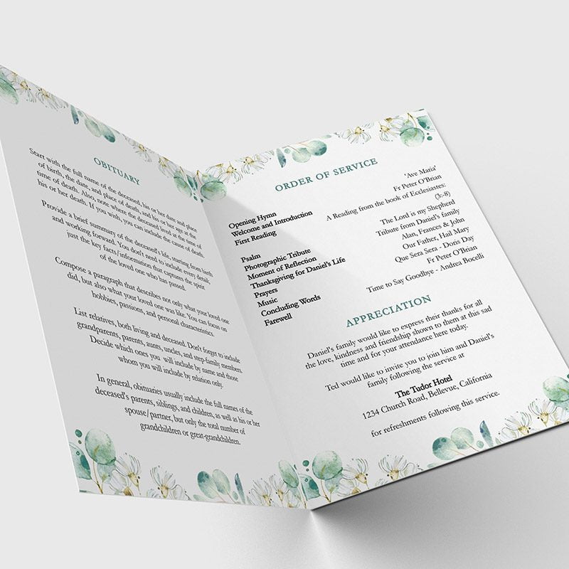 eucalyptus white flowers funeral program template 3.1