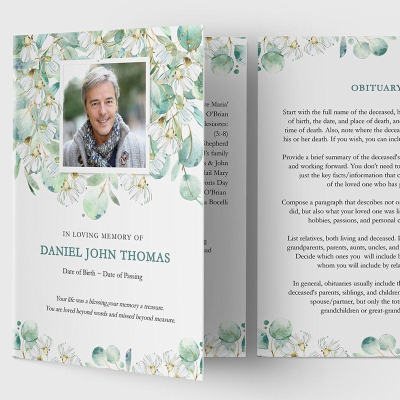 eucalyptus white flowers funeral program template 3.3