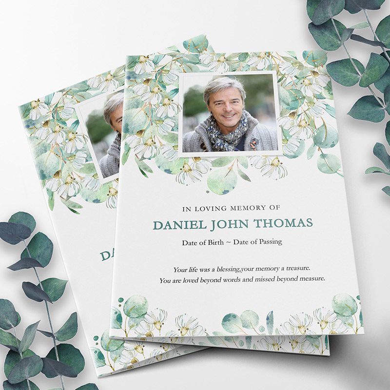 Eucalyptus White Flowers Funeral Program Template