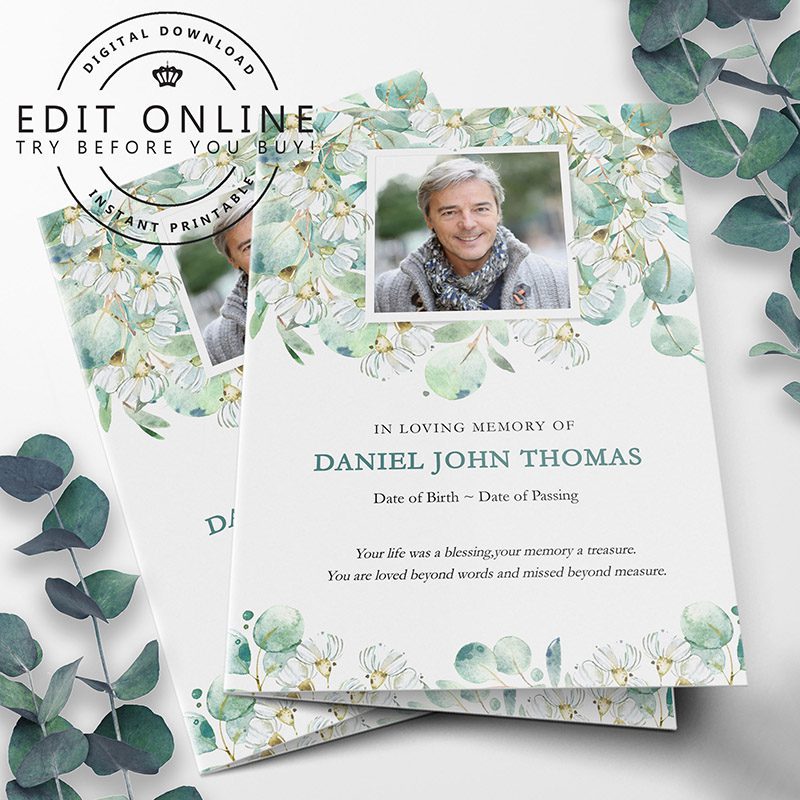 eucalyptus white flowers funeral program template 4