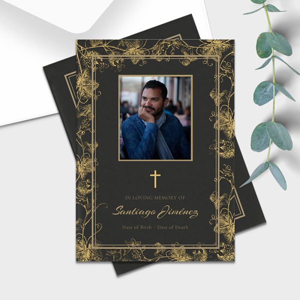 Say goodbye to your loved one with dignity and grace with the Vine Funeral Program Template Flat from The Company Name. With a faux gold vine and frame, as well as a photo of your loved one