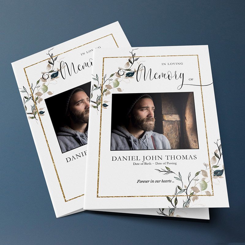 gold frame and leaves funeral program template 1