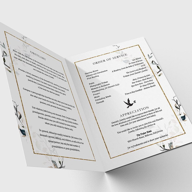 gold frame and leaves funeral program template 3.1