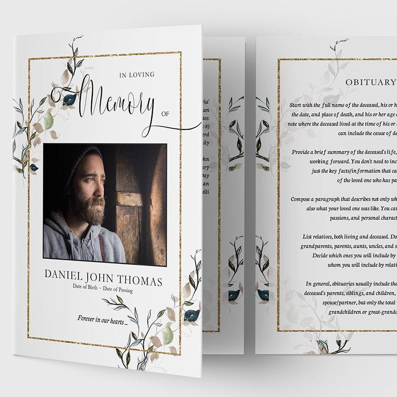 gold frame and leaves funeral program template 3.3