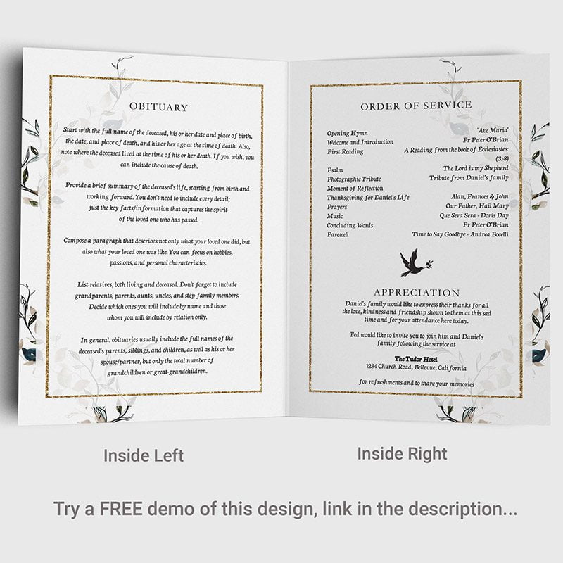 gold frame and leaves funeral program template 3.4