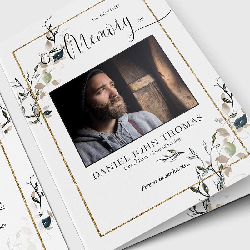 gold frame and leaves funeral program template 3.5