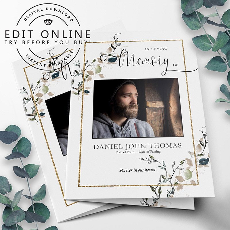 gold frame and leaves funeral program template 4