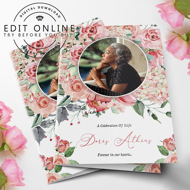 pink rose funeral program template 3A