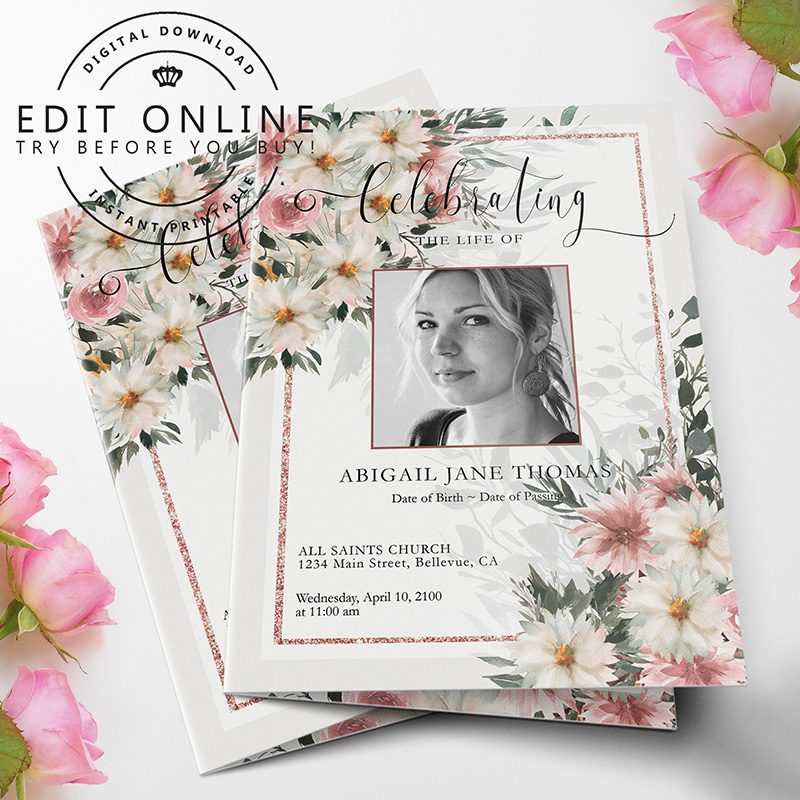 white and pastel floral funeral program template 4