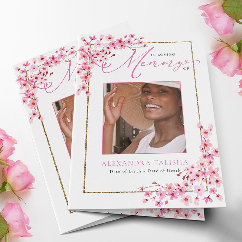 Cherry Blossom & Gold Frame Funeral Program Template