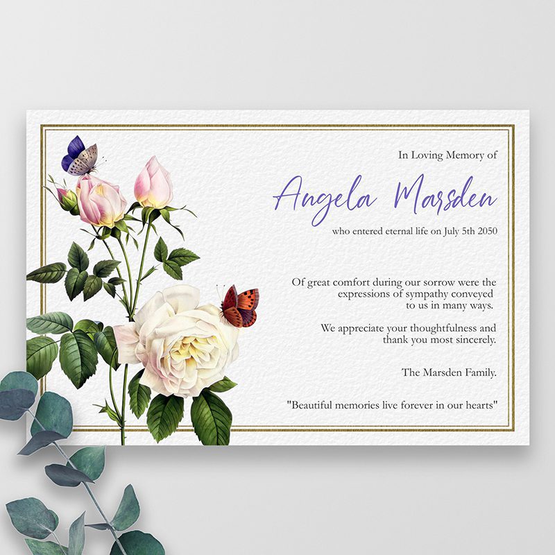 Butterflies and Roses Funeral Thank You Cards