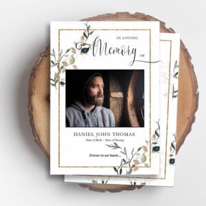 Funeral Program Templates with gold frame and leaves