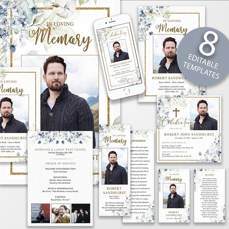 Blue Floral Funeral Template Bundle