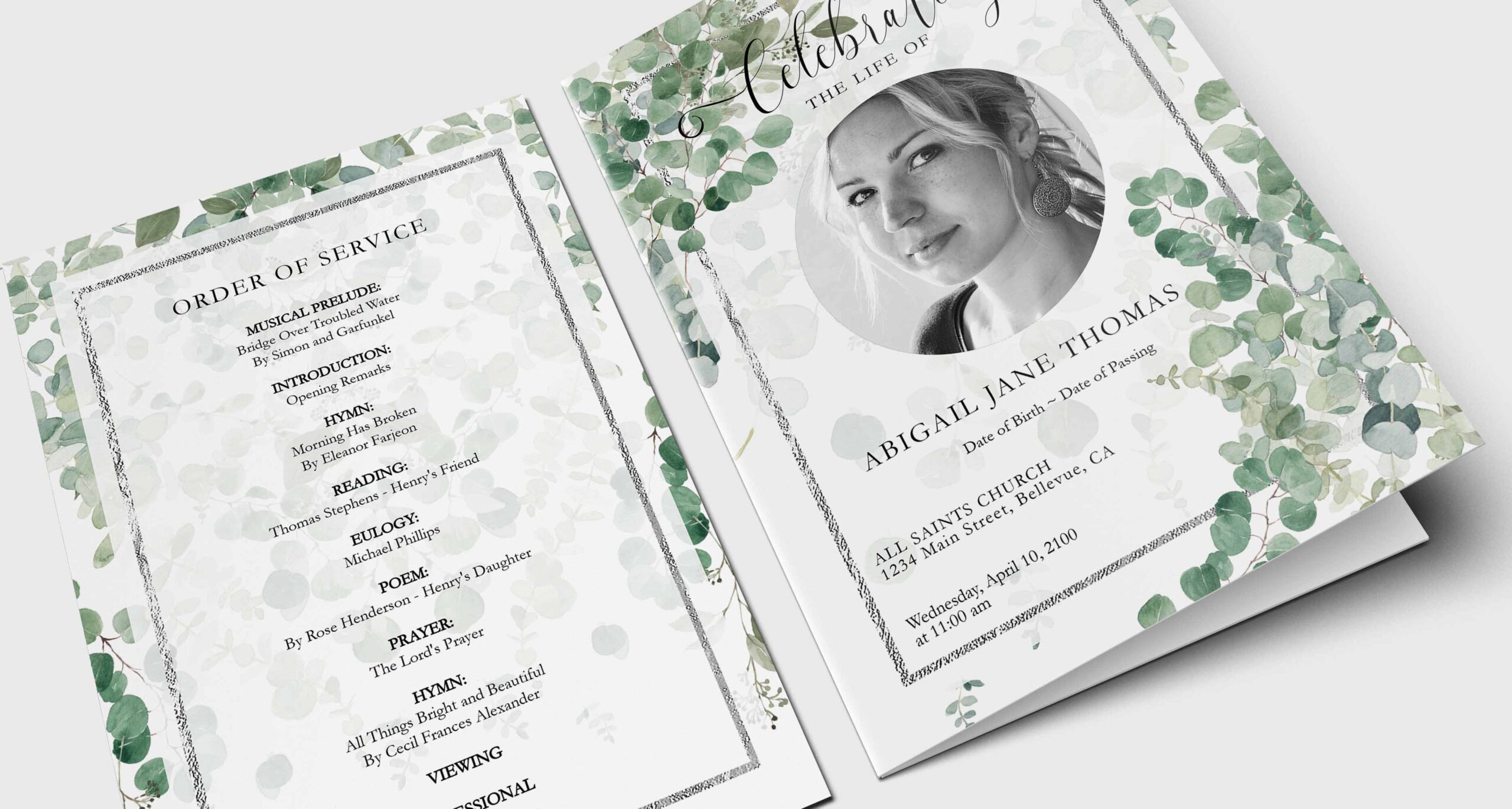 Classic Eucalyptus leaves funeral program template 3 copy scaled
