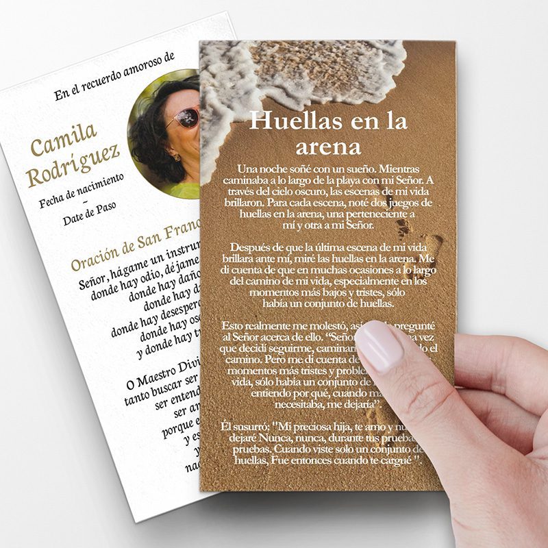 Footprints in the Sand Funeral Cards in Spanish Prayer Cards