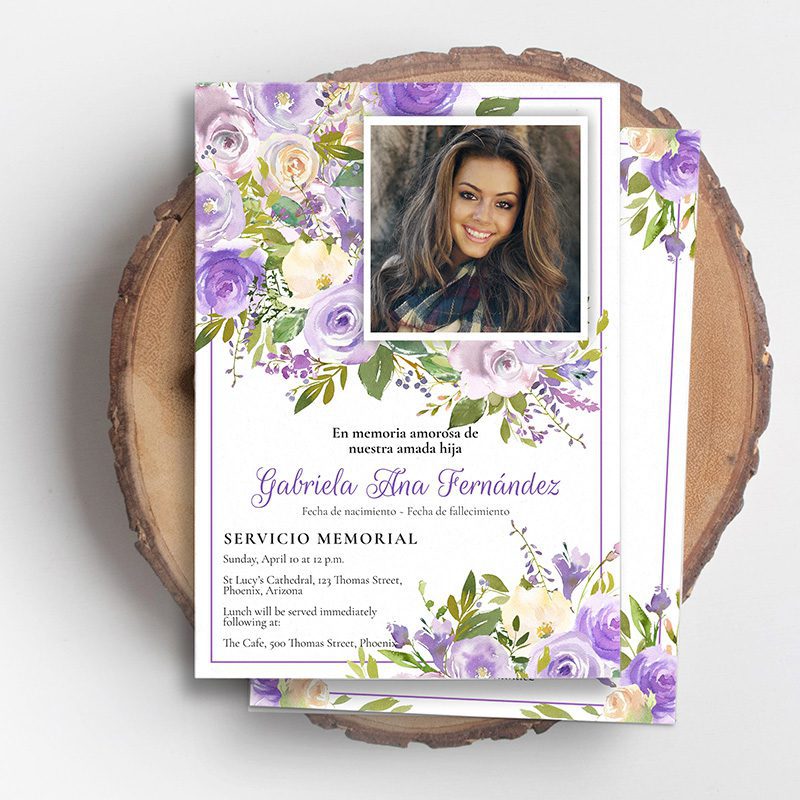 purple floral Spanish funeral program template